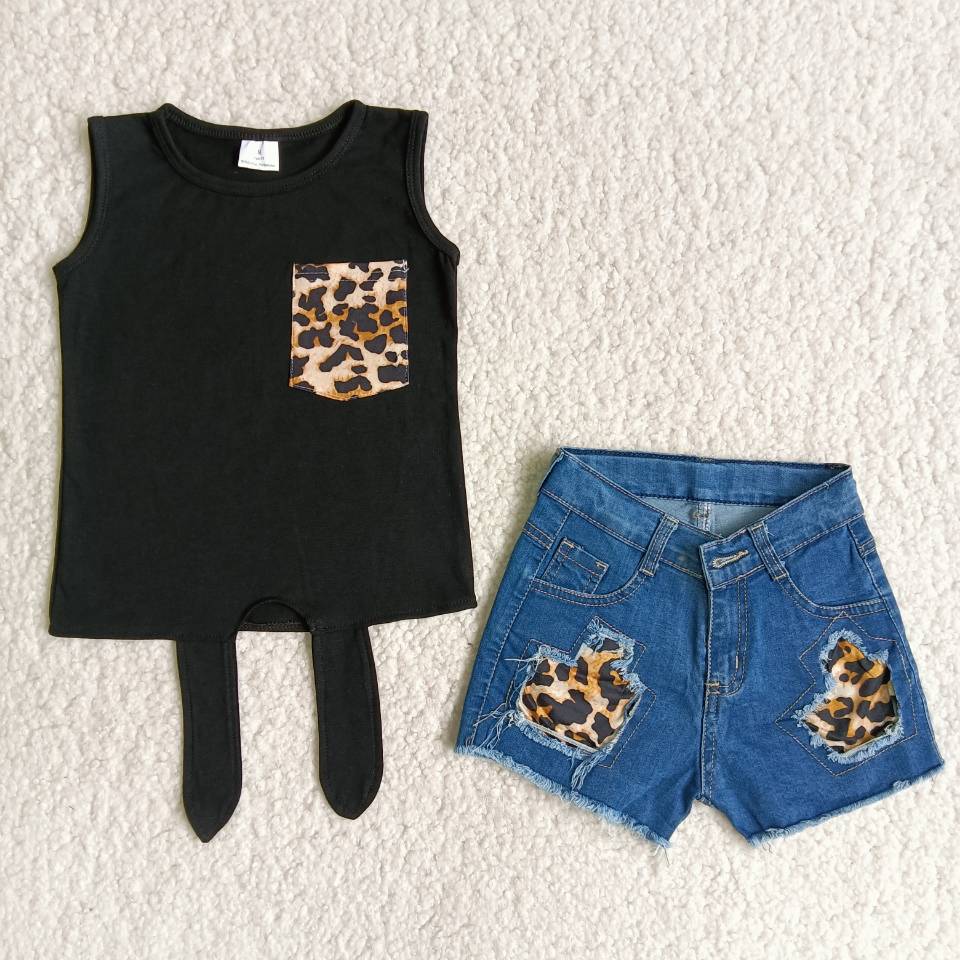 Girls Black Leopard Pocket Outfits Short Sleeves Denim Shorts