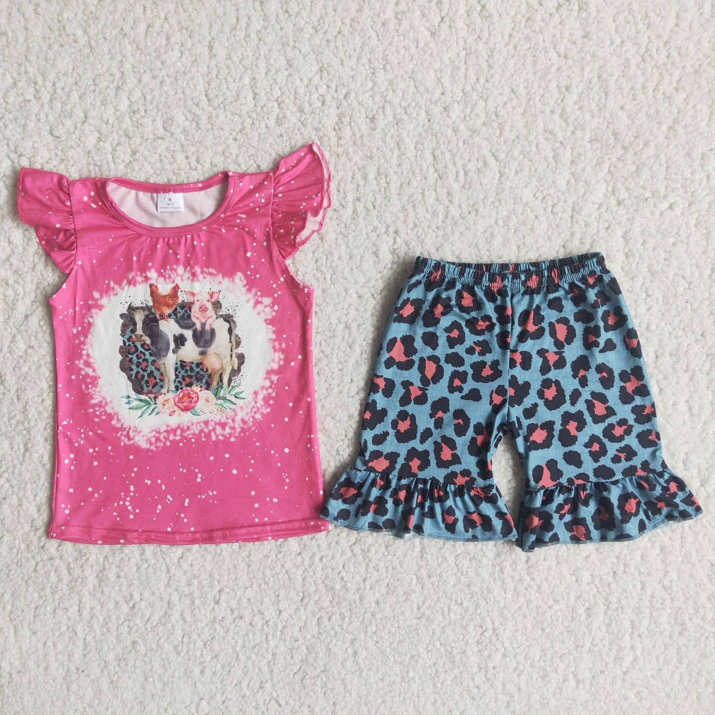 Girls Cow Outfits Short Sleeves Leopard Shorts