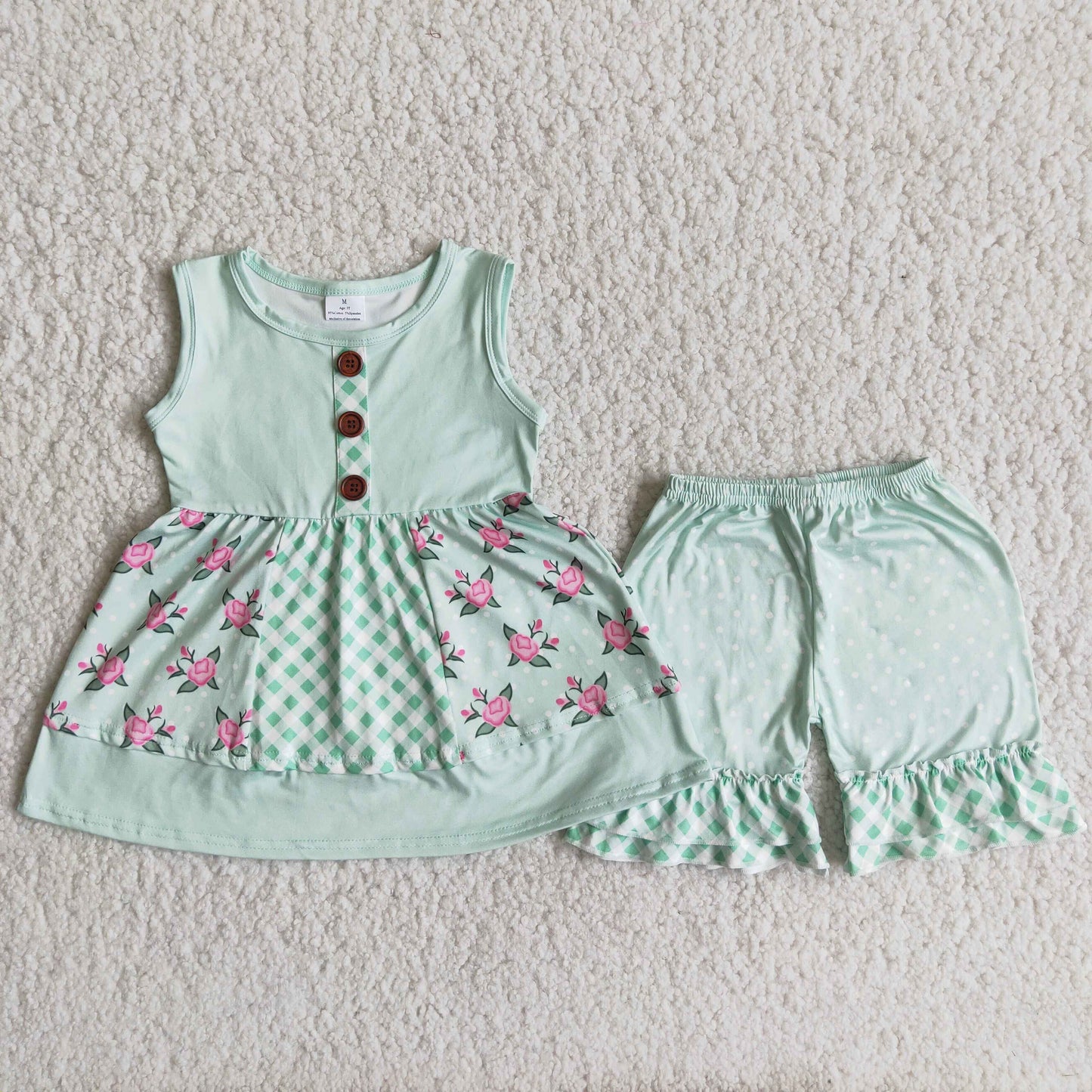 Girls Floral Outfits Short Sleeves Mint Shorts