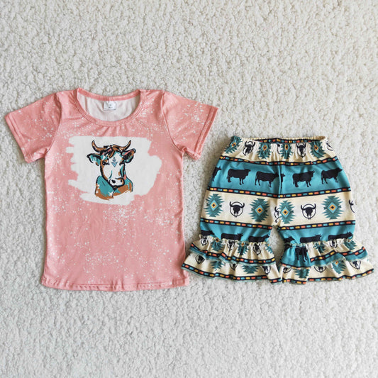 Girls Cow Outfits Short Sleeves Shorts