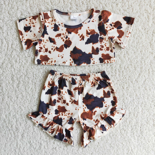 Girls Brown Outfits Short Sleeves Cow Shorts