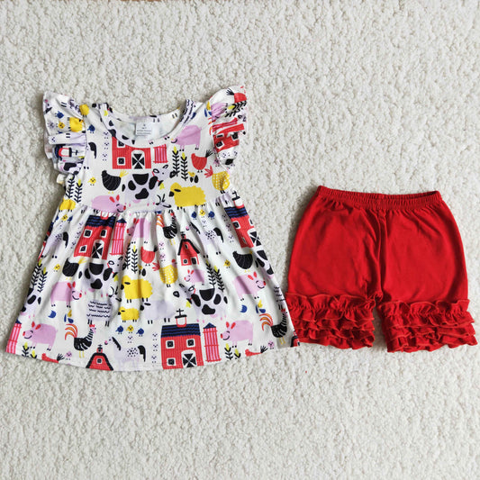 Girls Farm Outfits Short Sleeves Red Shorts