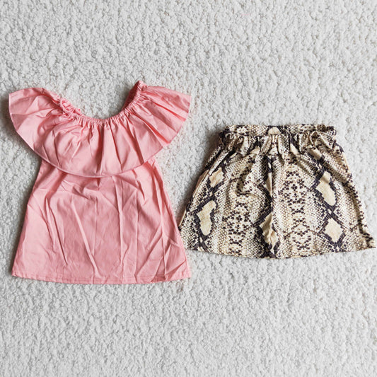 Girls Pink Outfits Short Sleeves Snake Skin Shorts