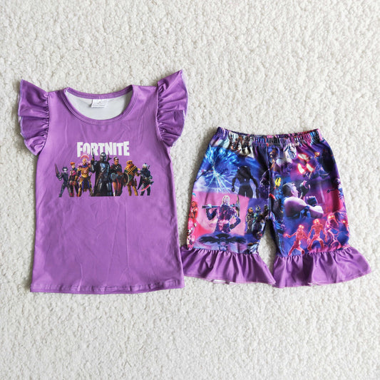 Girls Cartoon Outfits Short Sleeves Purple Shorts