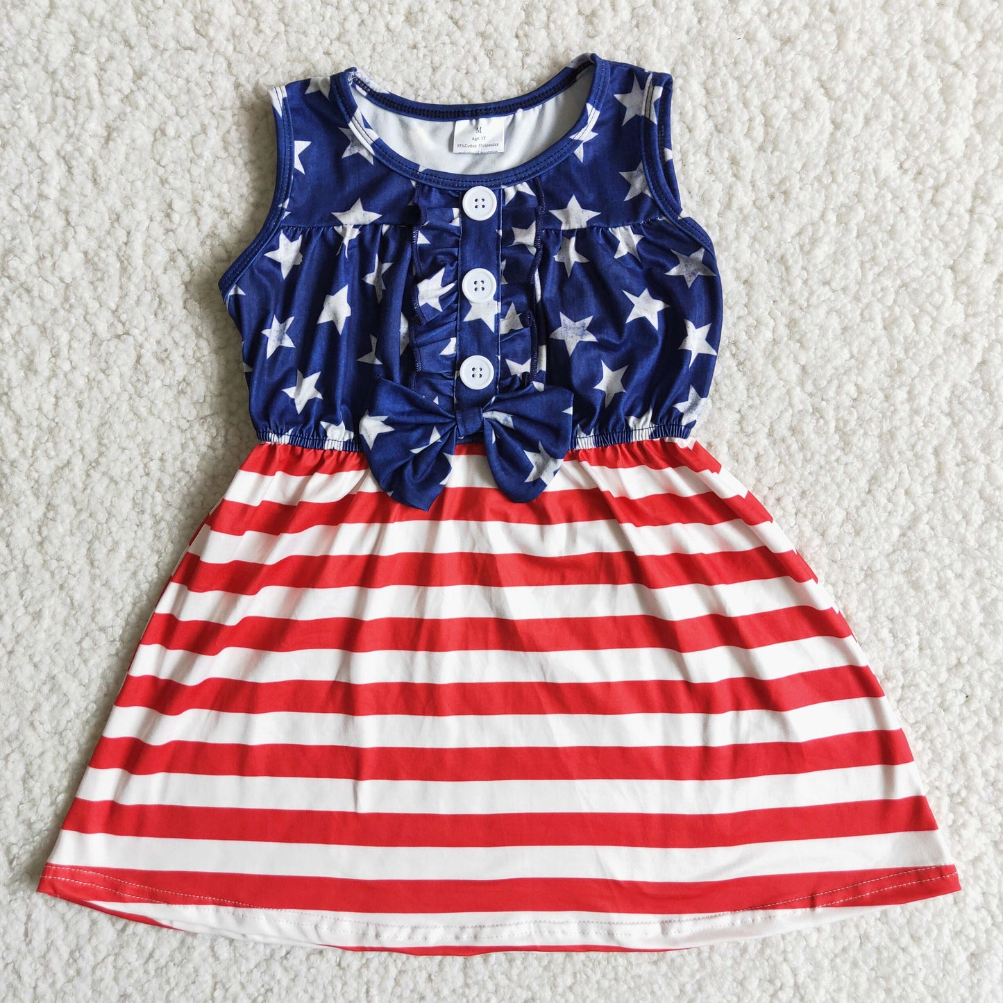 Girls July Fourth Blue Stars Red Stripe Dress Flutter Sleeveless