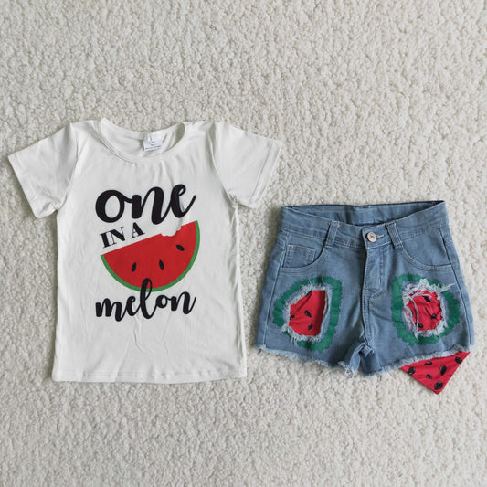 Girls One In A Melon Outfits Short Sleeves Denim Shorts