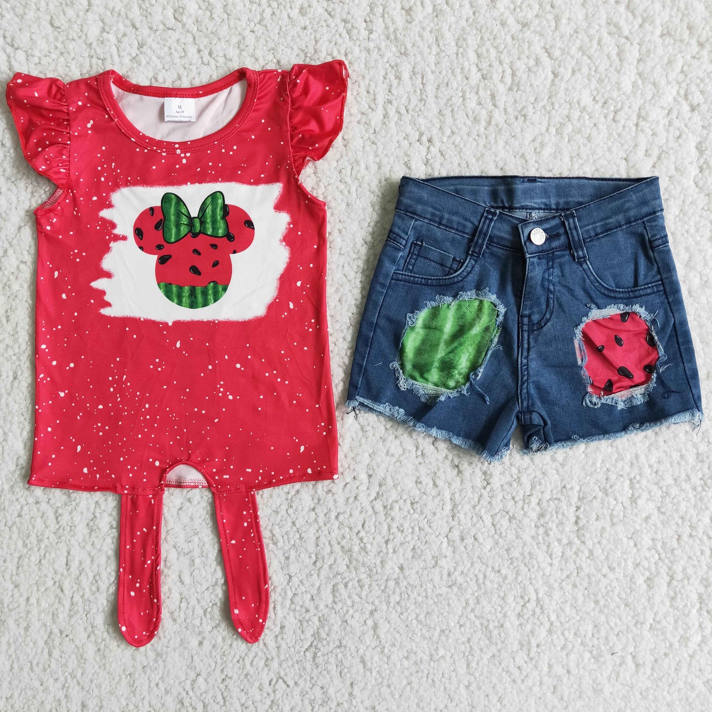 Girls Cartoon Watermelon Red Outfits Short Sleeves Denim Shorts