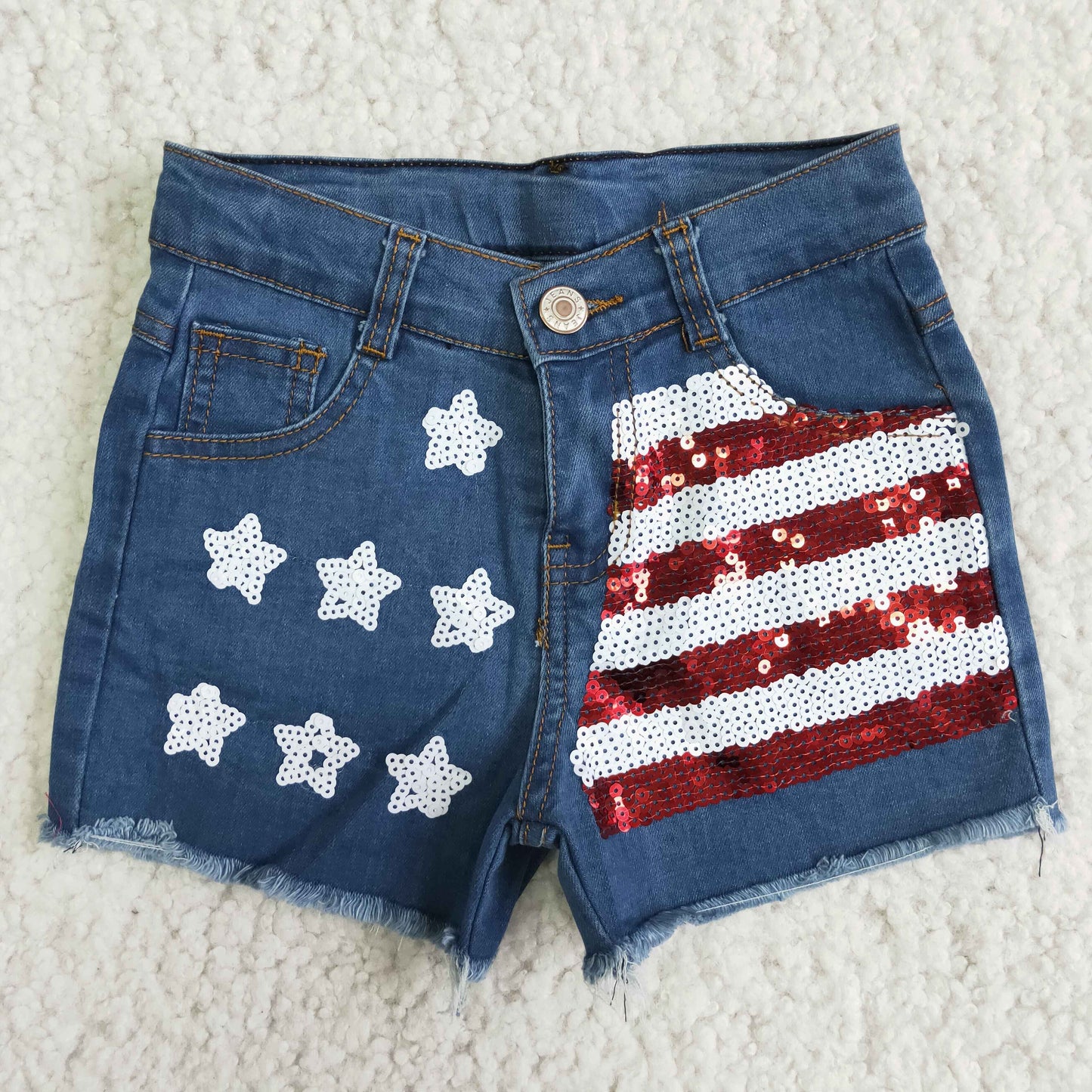 Girls Summer Stars Stripe Sequin Denim Shorts