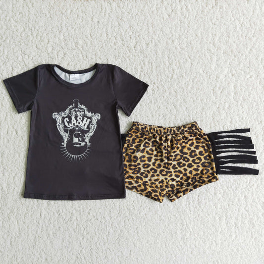 Girls Black Outfits Short Sleeves Leopard Shorts