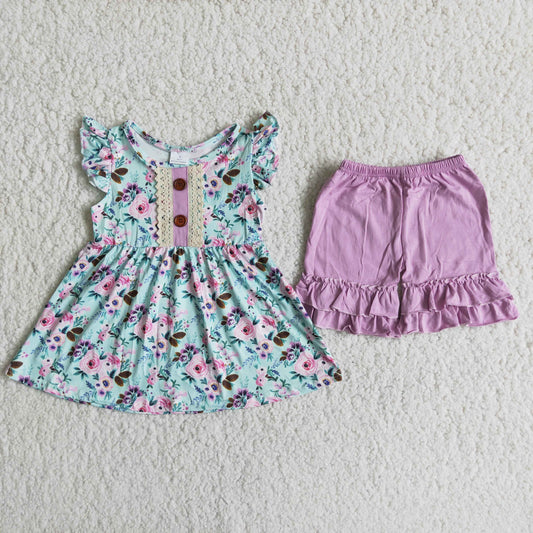 Girls Floral Outfits Short Sleeves Purple Shorts