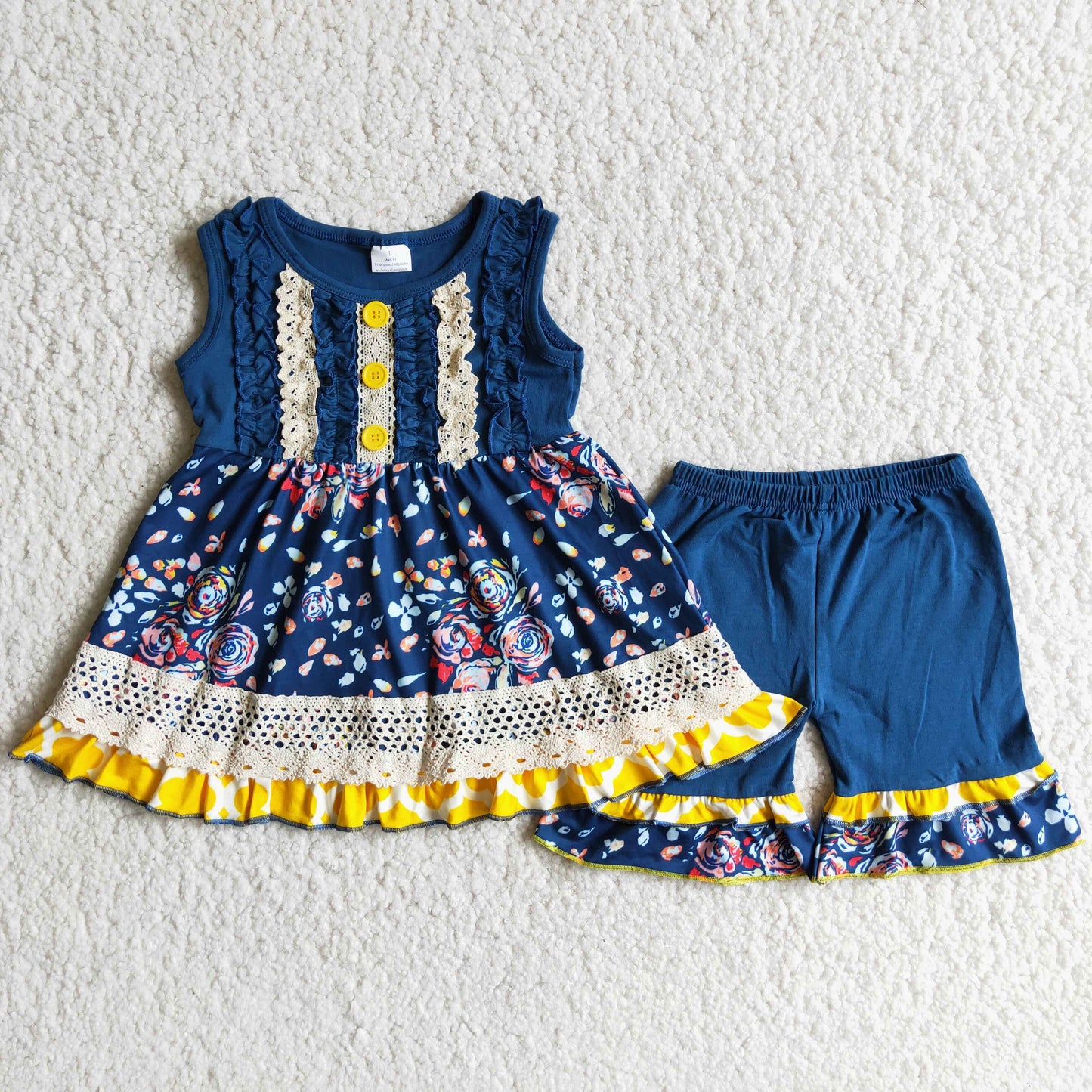 Girls Floral Outfits Short Sleeves Navy Shorts