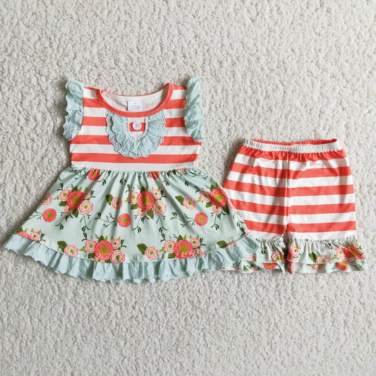 Girls Floral Outfits Short Sleeves Pink Stripe Shorts