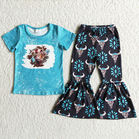 Girls Cow Outfits Short Sleeves Bell Bottom Pants Blue