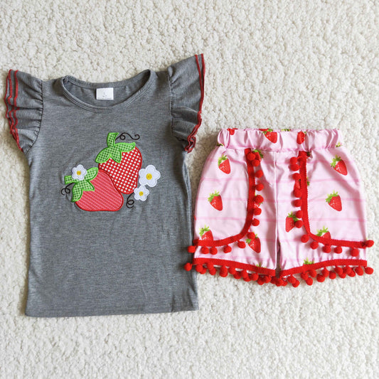 Girls Embroidery Strawberry Outfits Short Sleeves Red Shorts