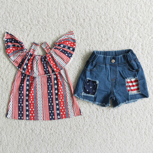 Girls Stars Stripe Outfits Short Sleeves Denim Shorts