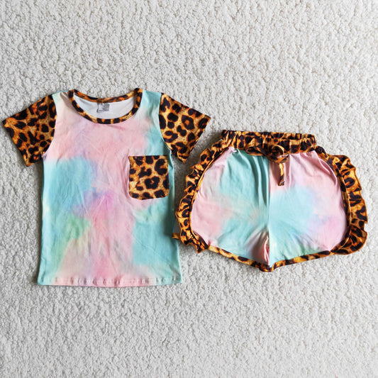 Girls Tie-dye Outfits Short Sleeves Leopard Shorts