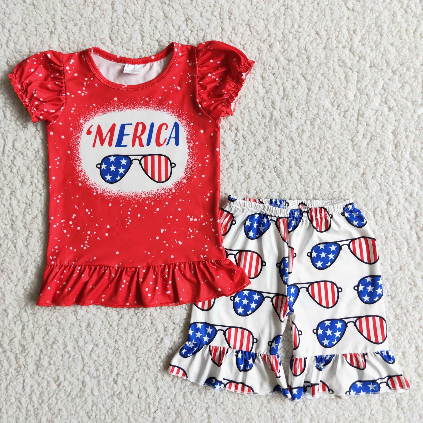 Girls America Outfits Short Sleeves Red Shorts