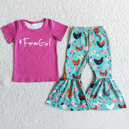 Girls Farm Girl Chickens Outfits Short Sleeves Bell Bottom Pants