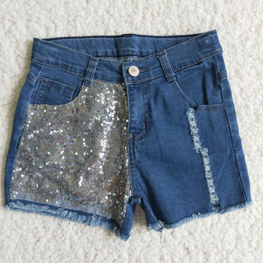 Girls Summer Sequin Denim Shorts