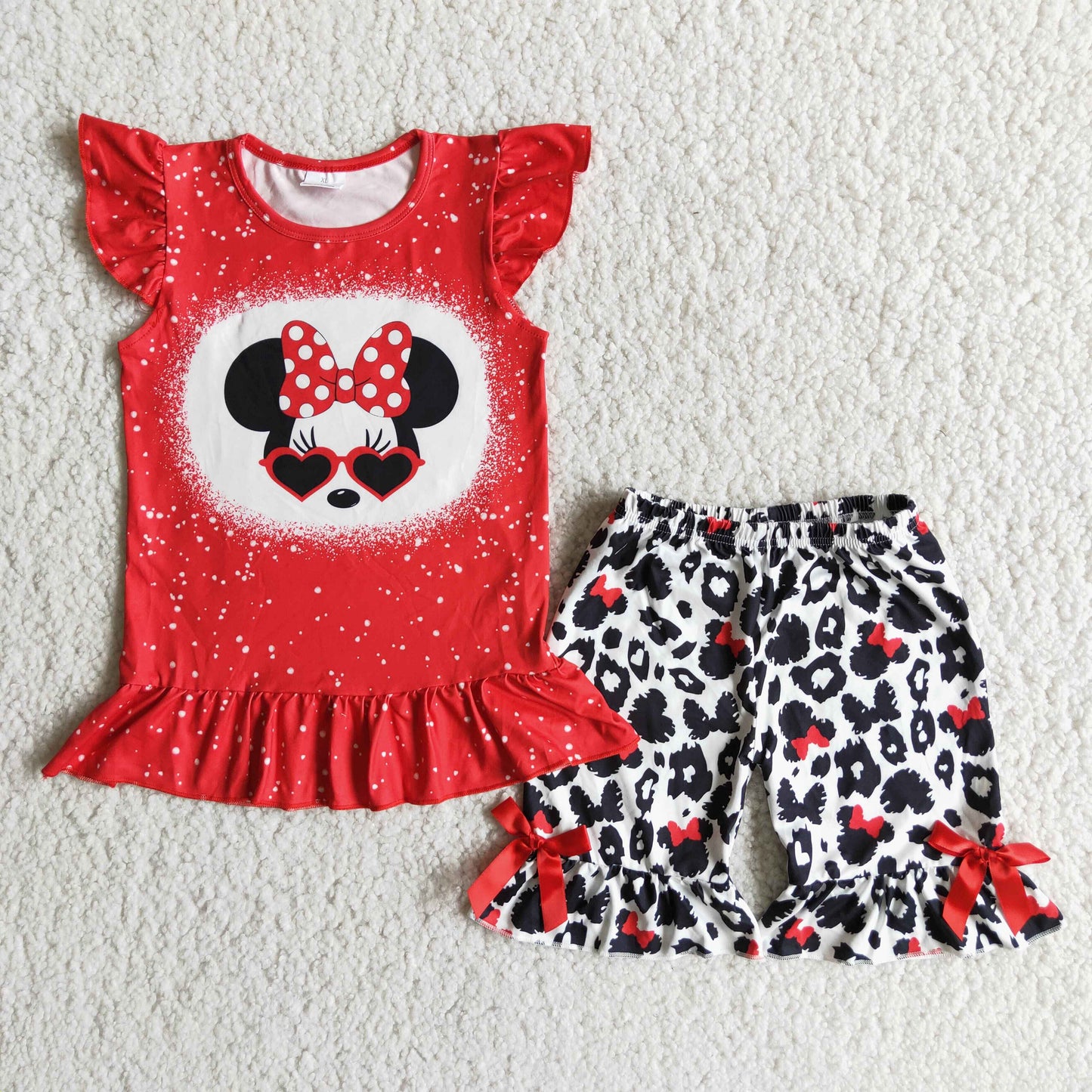 Girls Red Outfits Short Sleeves Leopard Shorts