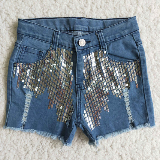 Girls Summer Sequin Denim Shorts