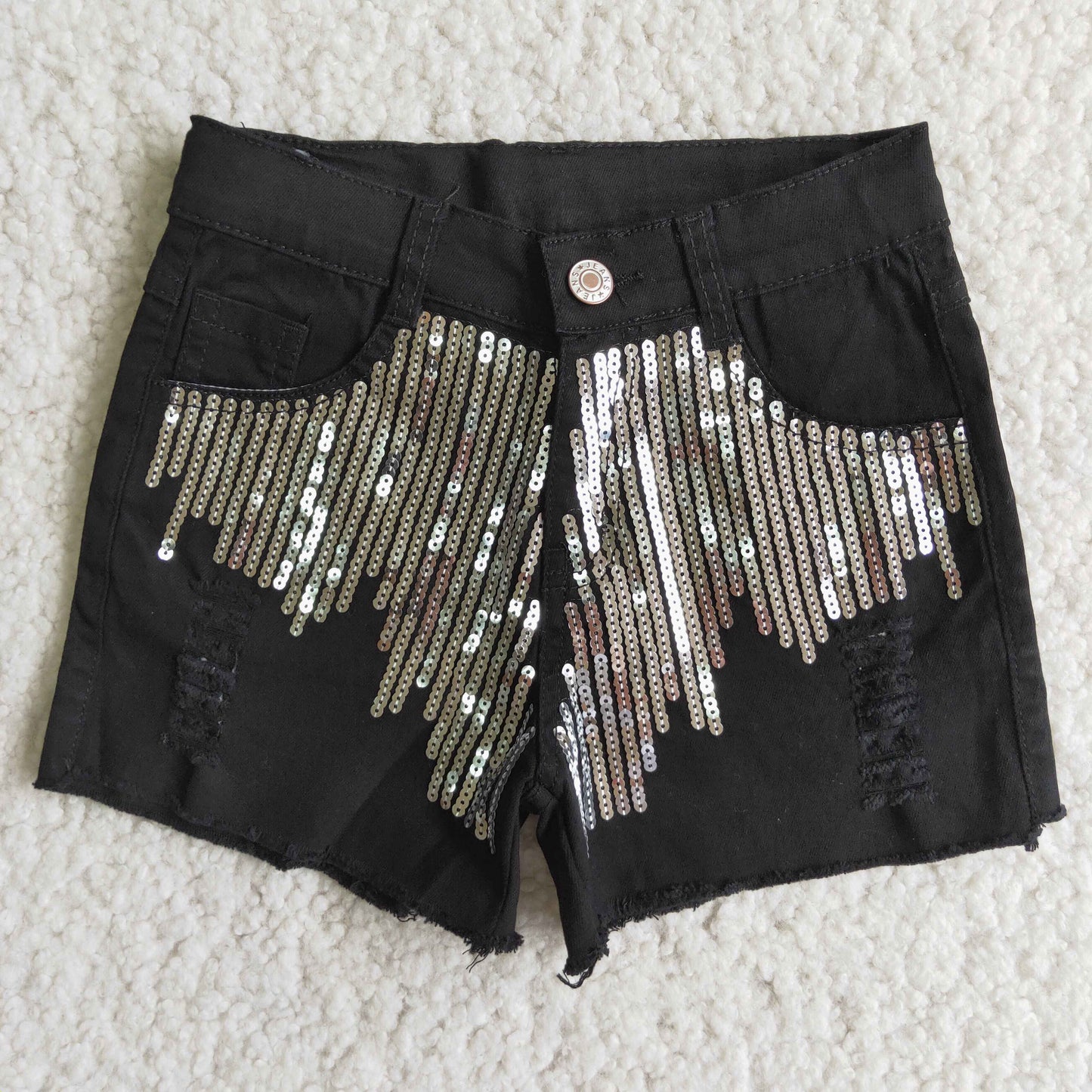 Girls Summer Sequin Black Denim Shorts