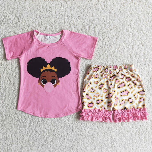 Girls Pink Outfits Short Sleeves Leopard Shorts