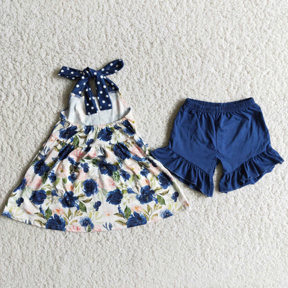 Girls Floral Outfits Sleeveless Navy Shorts