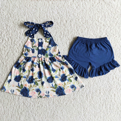 Girls Floral Outfits Sleeveless Navy Shorts