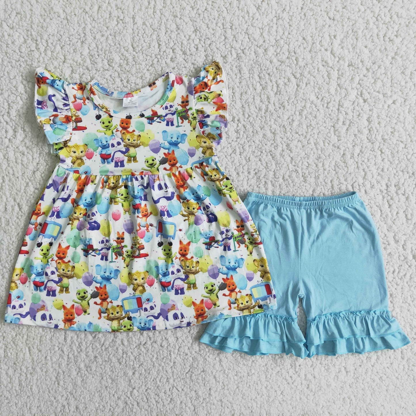 Girls Cartoon Outfits Short Sleeves Sky Blue Shorts