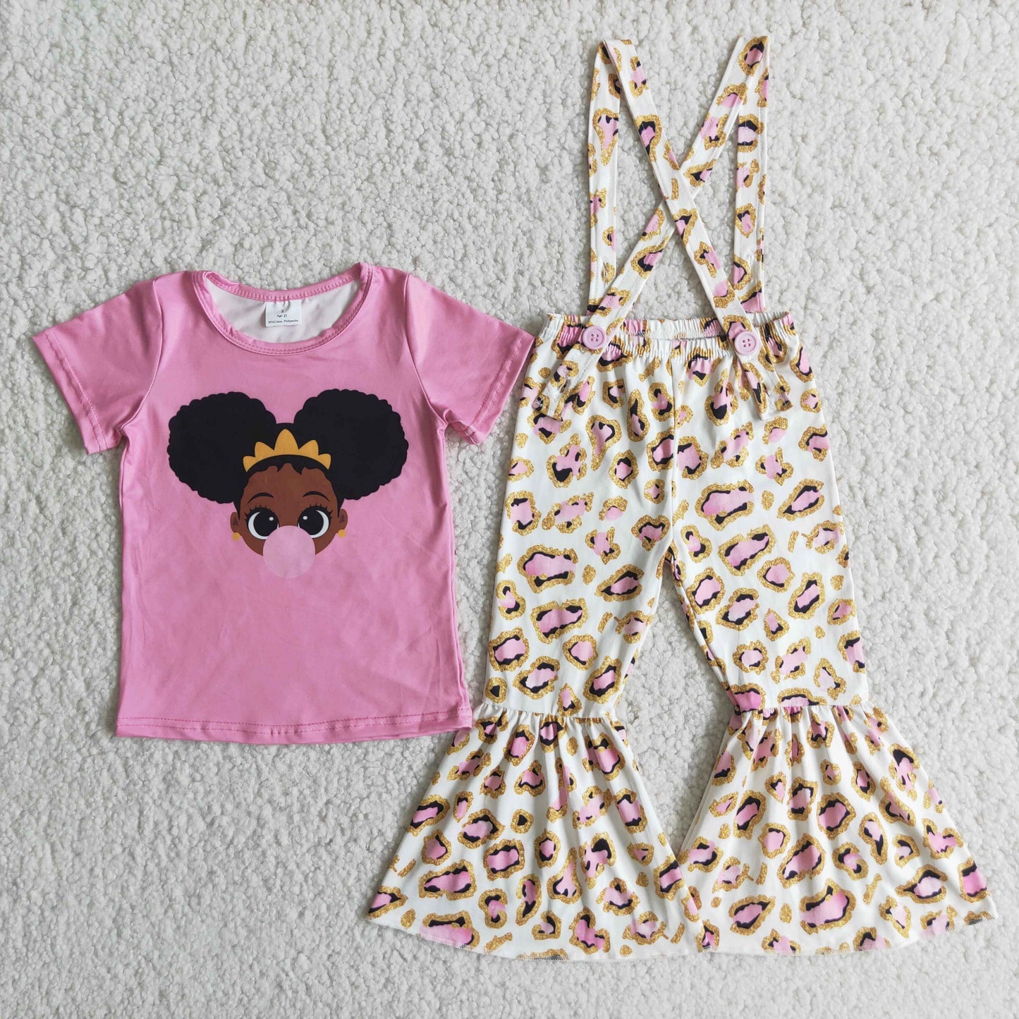 Girls Pink Outfits Long Sleeves Leopard Overalls