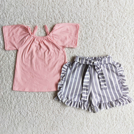 Girls Pink Outfits Short Sleeves Stripe Shorts