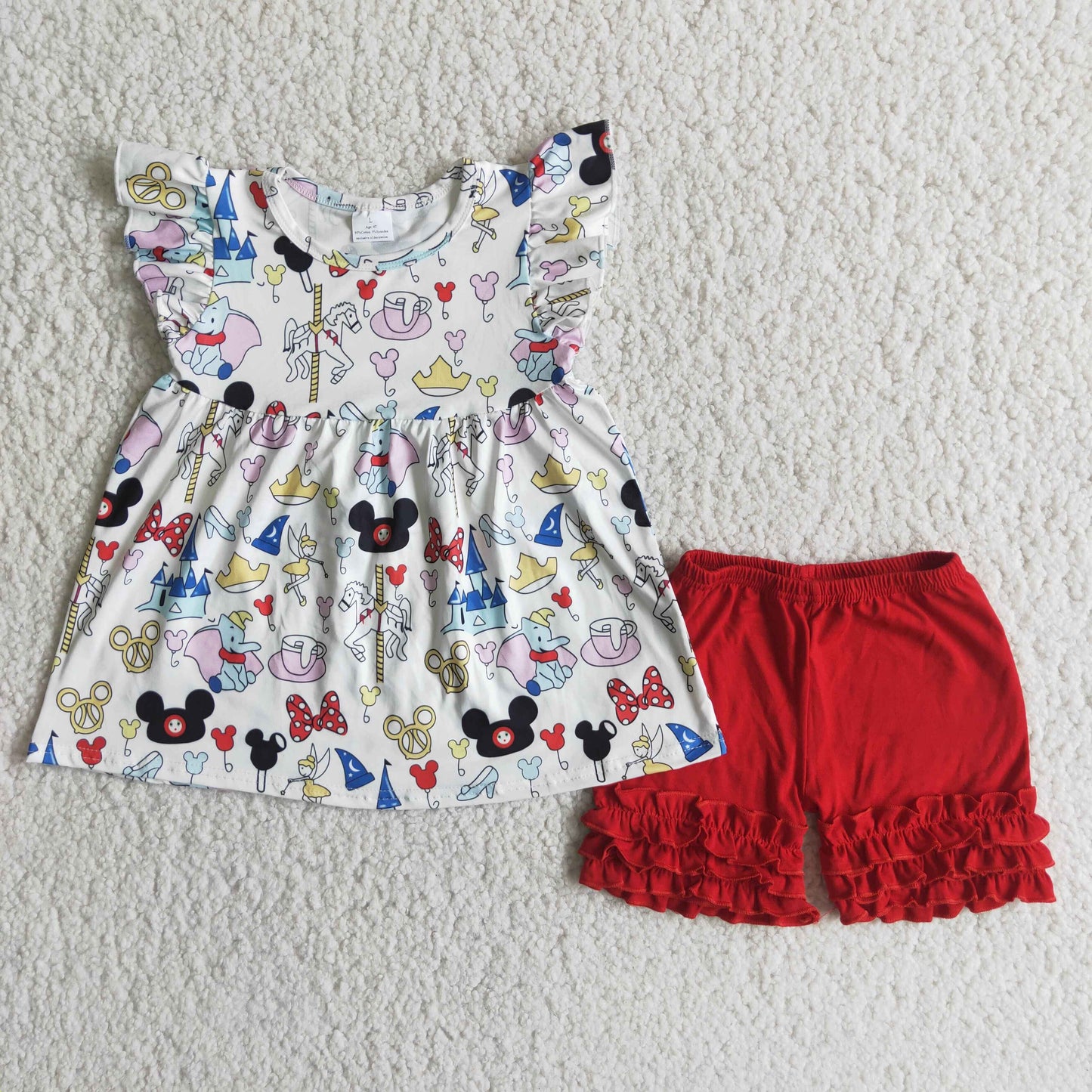 Girls Cartoon Outfits Short Sleeves Red Shorts