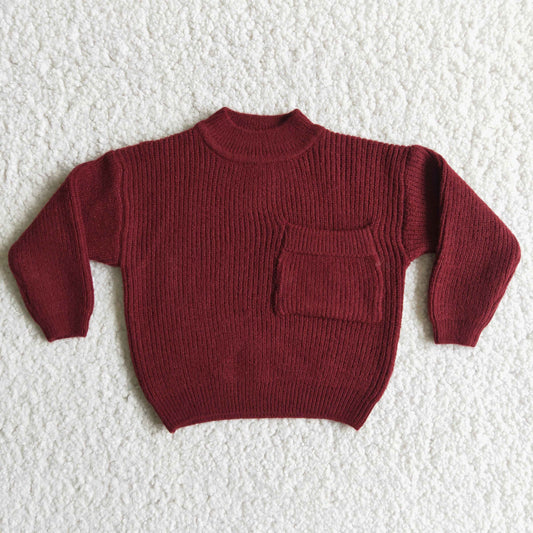 Girls Boys Sweater Pocket Wine Red