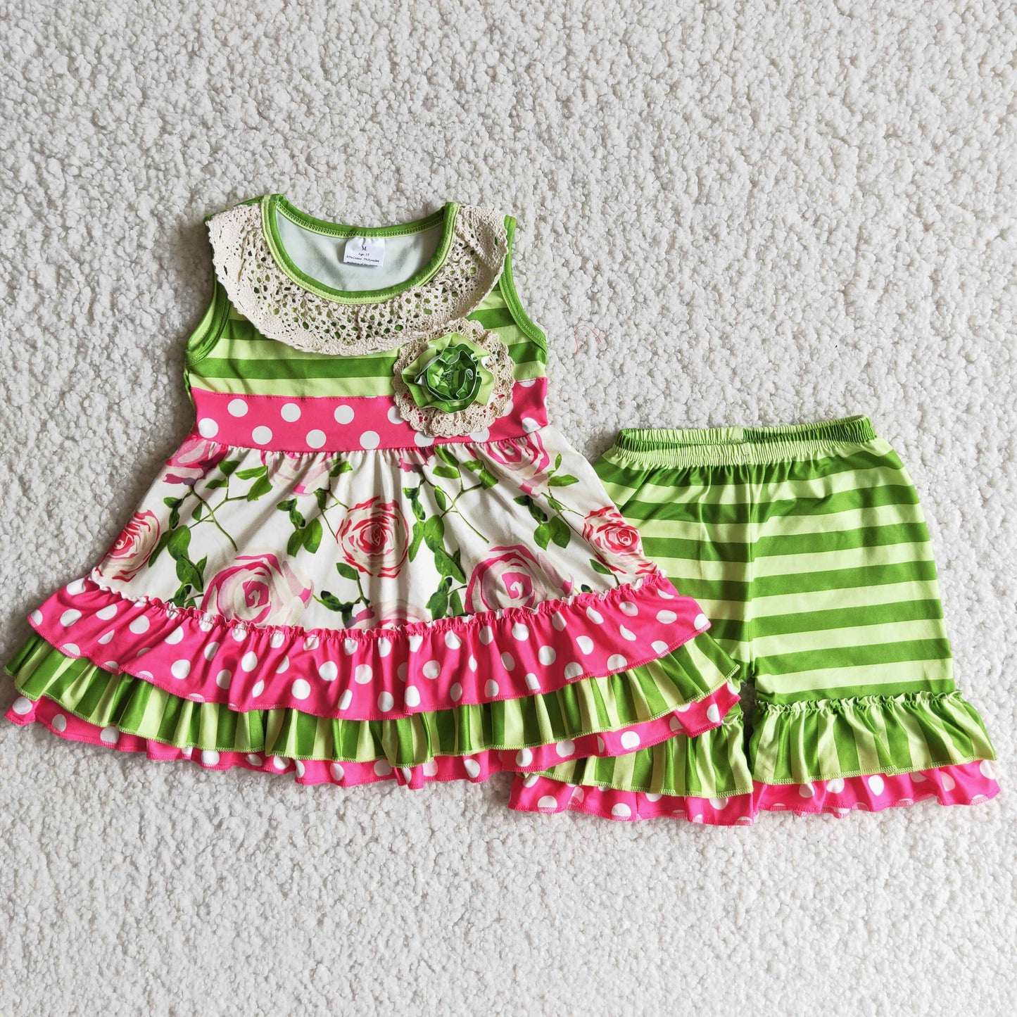 Girls Floral Outfits Short Sleeves Green Stripe Shorts