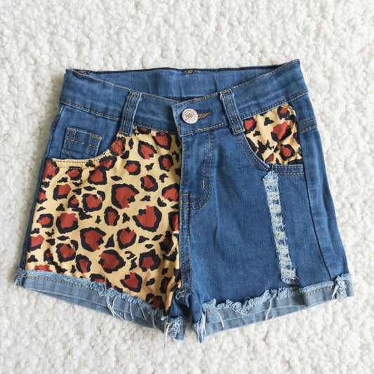 Girls Summer Leopard Blue Denim Shorts