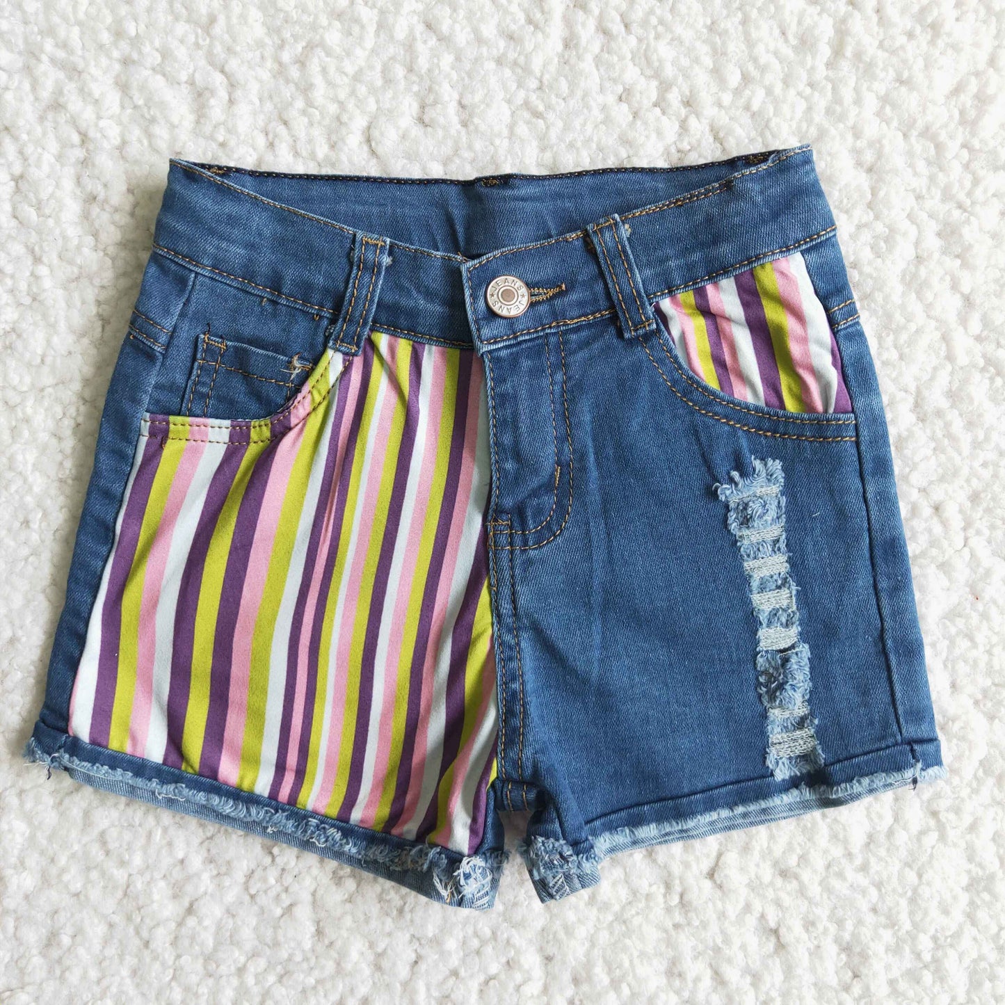 Girls Summer Stripe Blue Denim Shorts