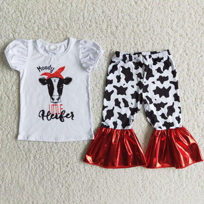 Girls Moody Heifer Outfits Short Sleeves Leopard Pants