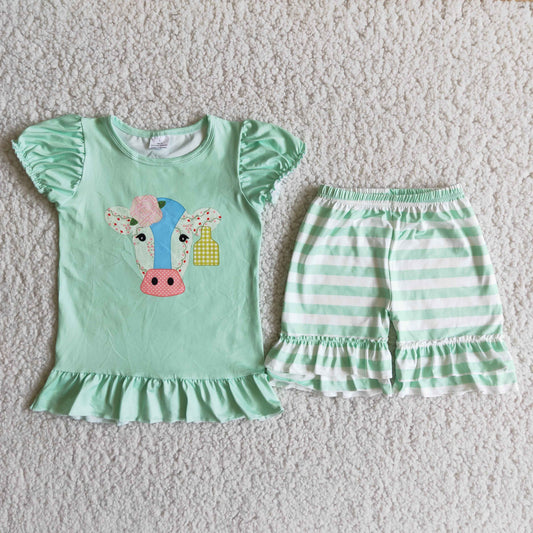 Girls Cow Outfits Short Sleeves Green Stripe Shorts