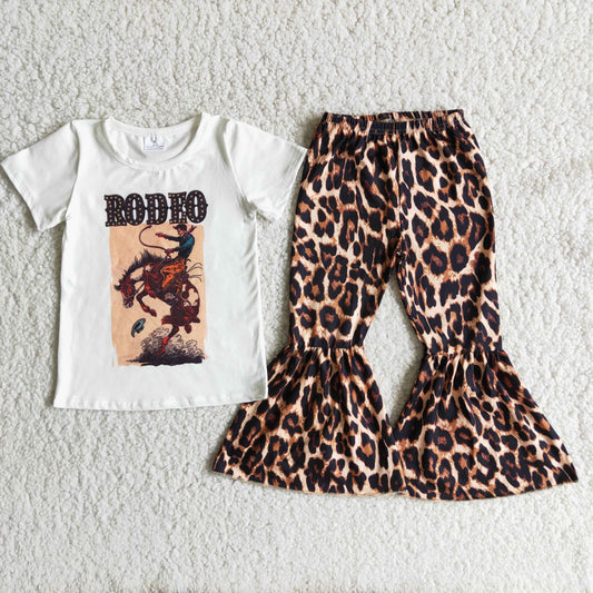 Girls Horse Rodeo Outfits Short Sleeves Bell Bottom Leopard Pants