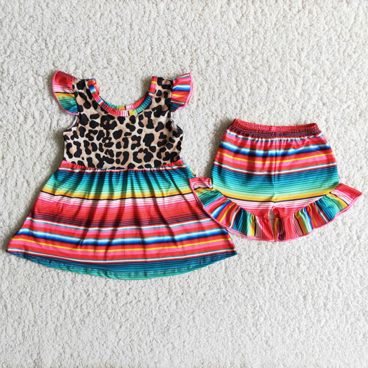 Girls Leopard Outfits Short Sleeves Stripe Shorts