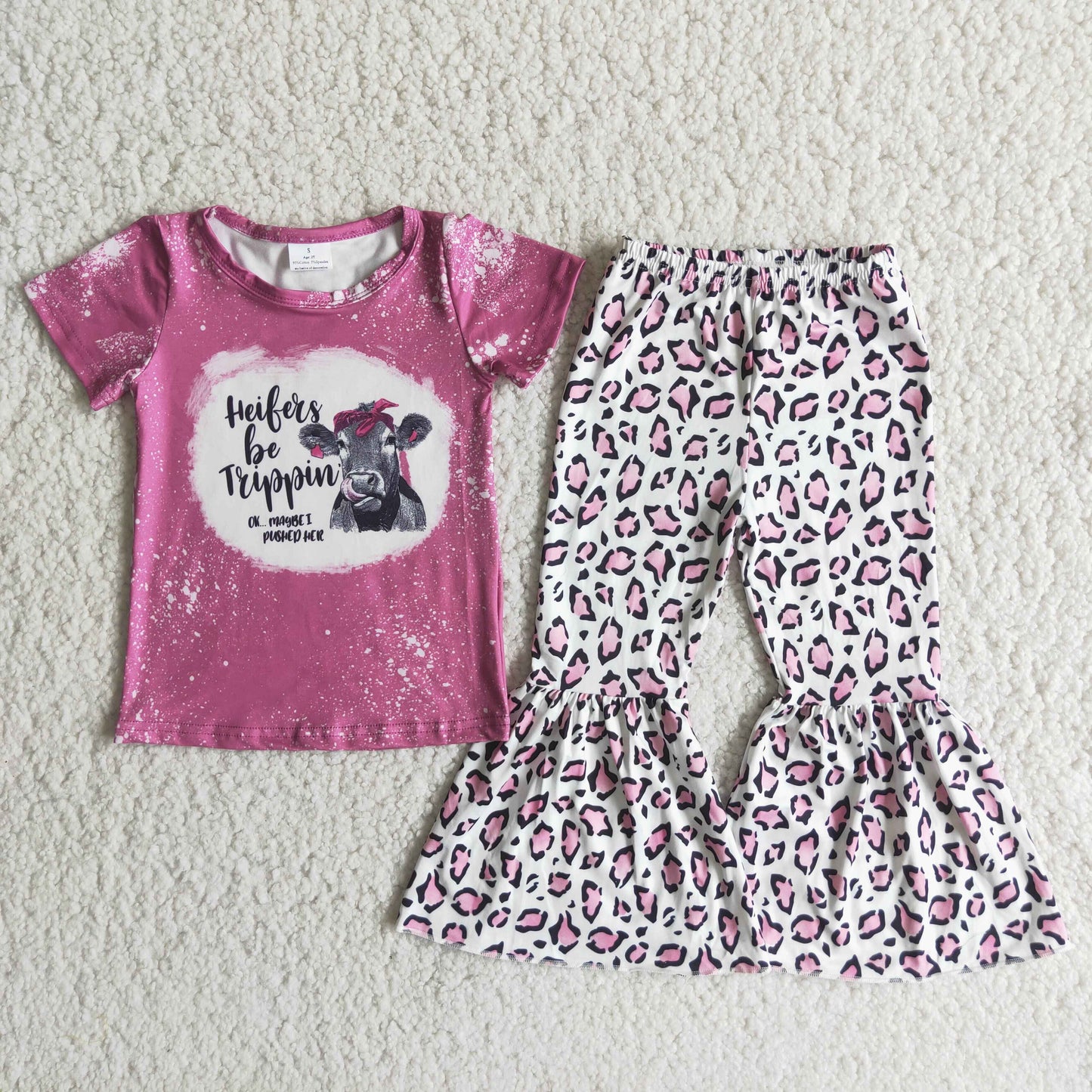 Girls Cow Heifer Outfits Short Sleeves Bell Bottom Leopard Pants