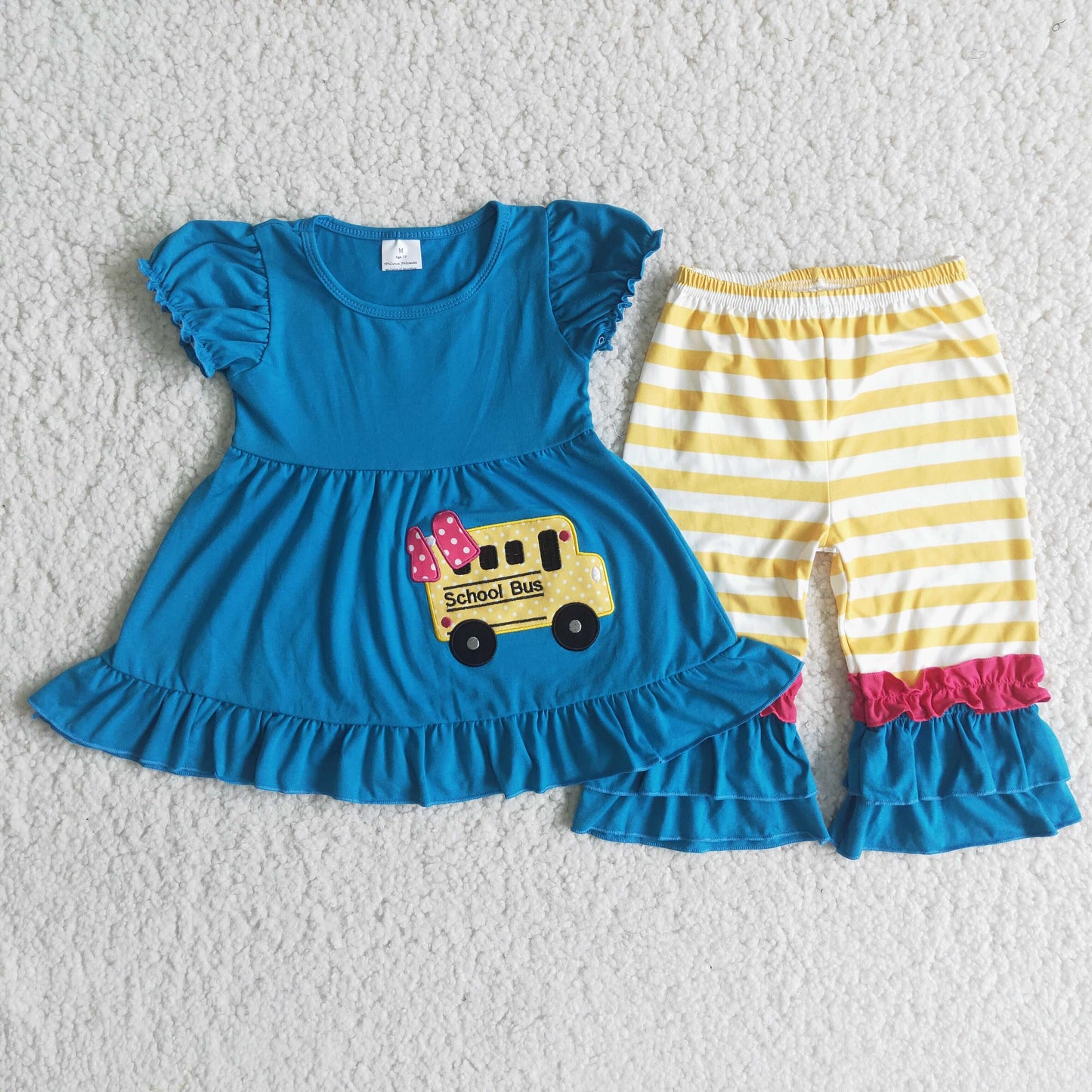 Girls Back To School Outfits Embroidery School Bus Blue