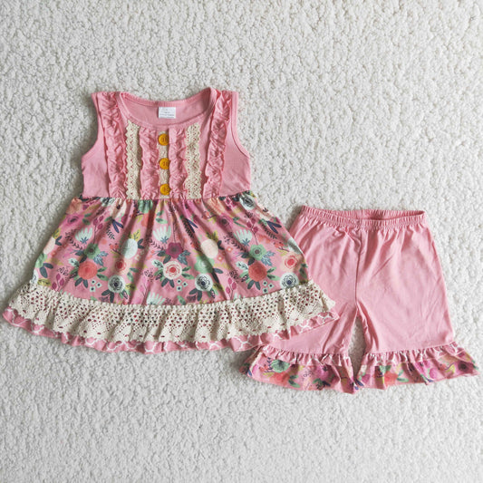 Girls Floral Outfits Short Sleeves Pink Shorts