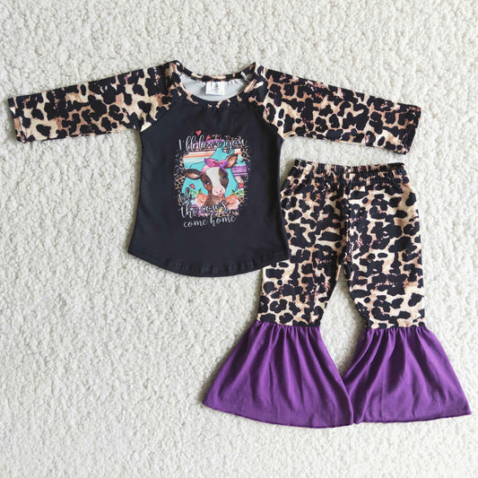 Girls Cow Print Outfits Purple Leopard