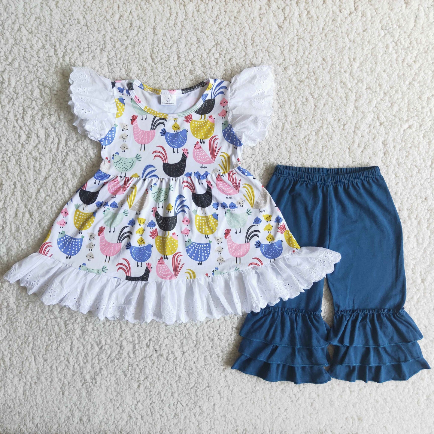 Girls Chickens Outfits Flutter Sleeves Ruffled Pants