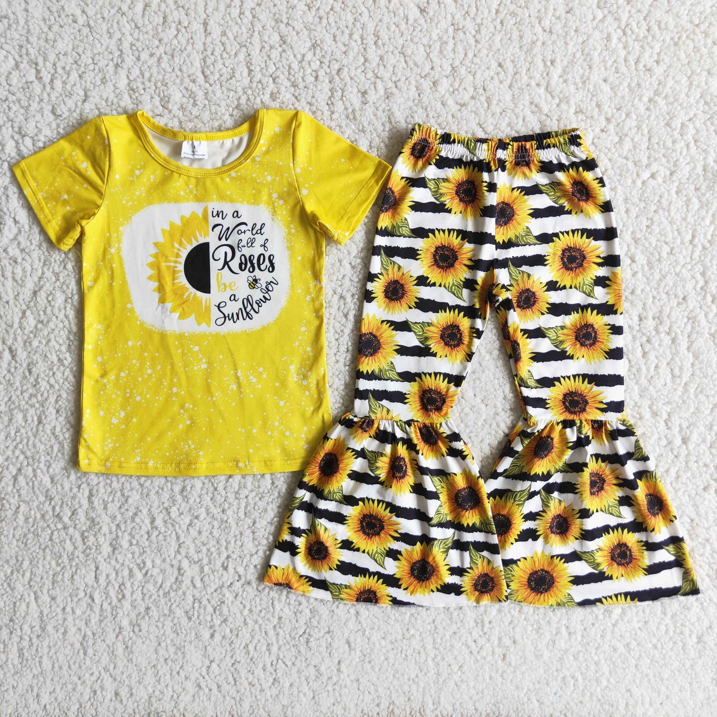 C12-12 Girls Sunflowers Outfits Short Sleeves Stripe Pants Yellow