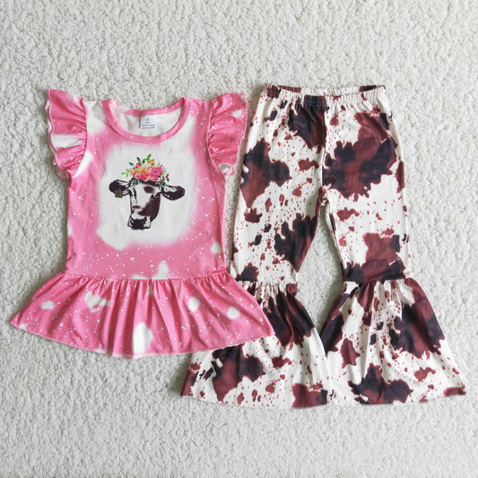 Girls Cow Outfits Flutter Sleeves Bell Bottom Pants