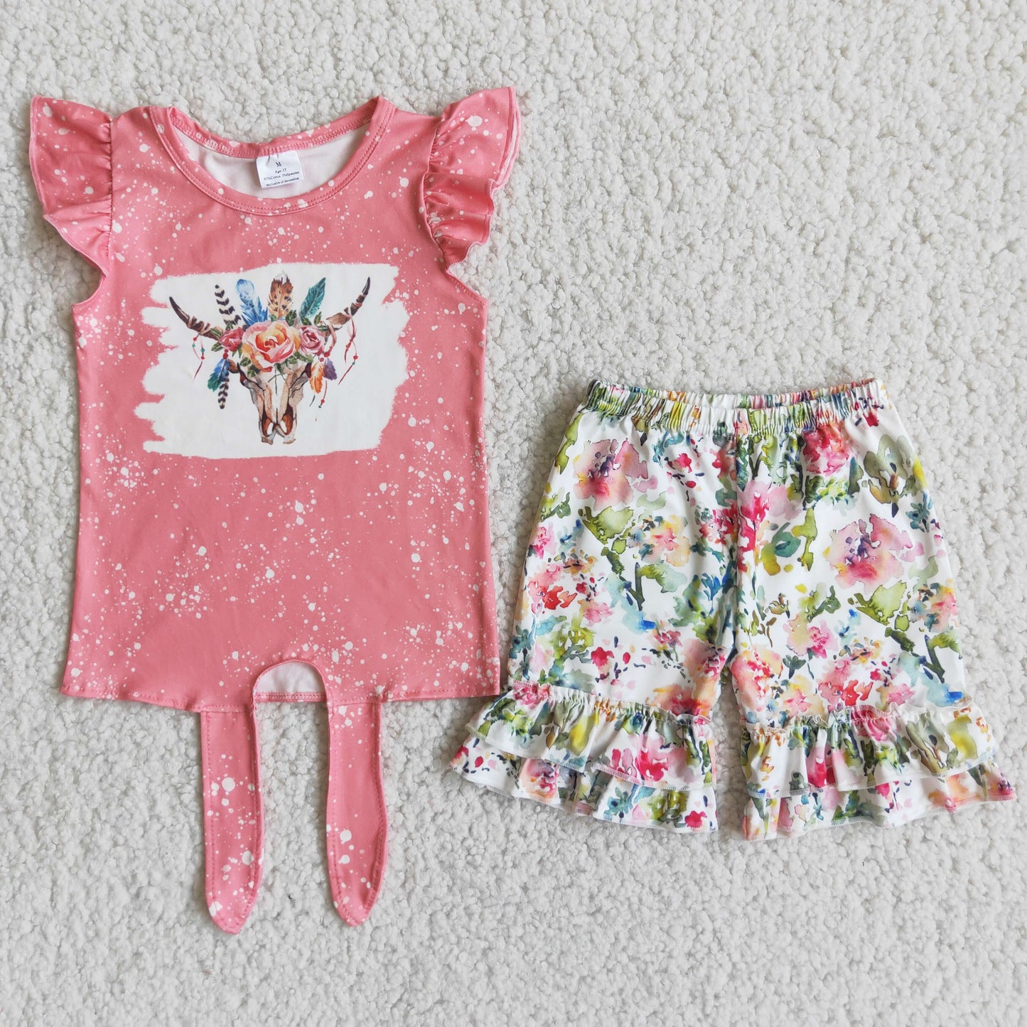 Girls Cow Pink Outfits Short Sleeves Floral Shorts