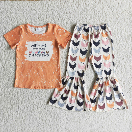 Girls Love Chickens Outfits Short Sleeves Bell Bottom Pants